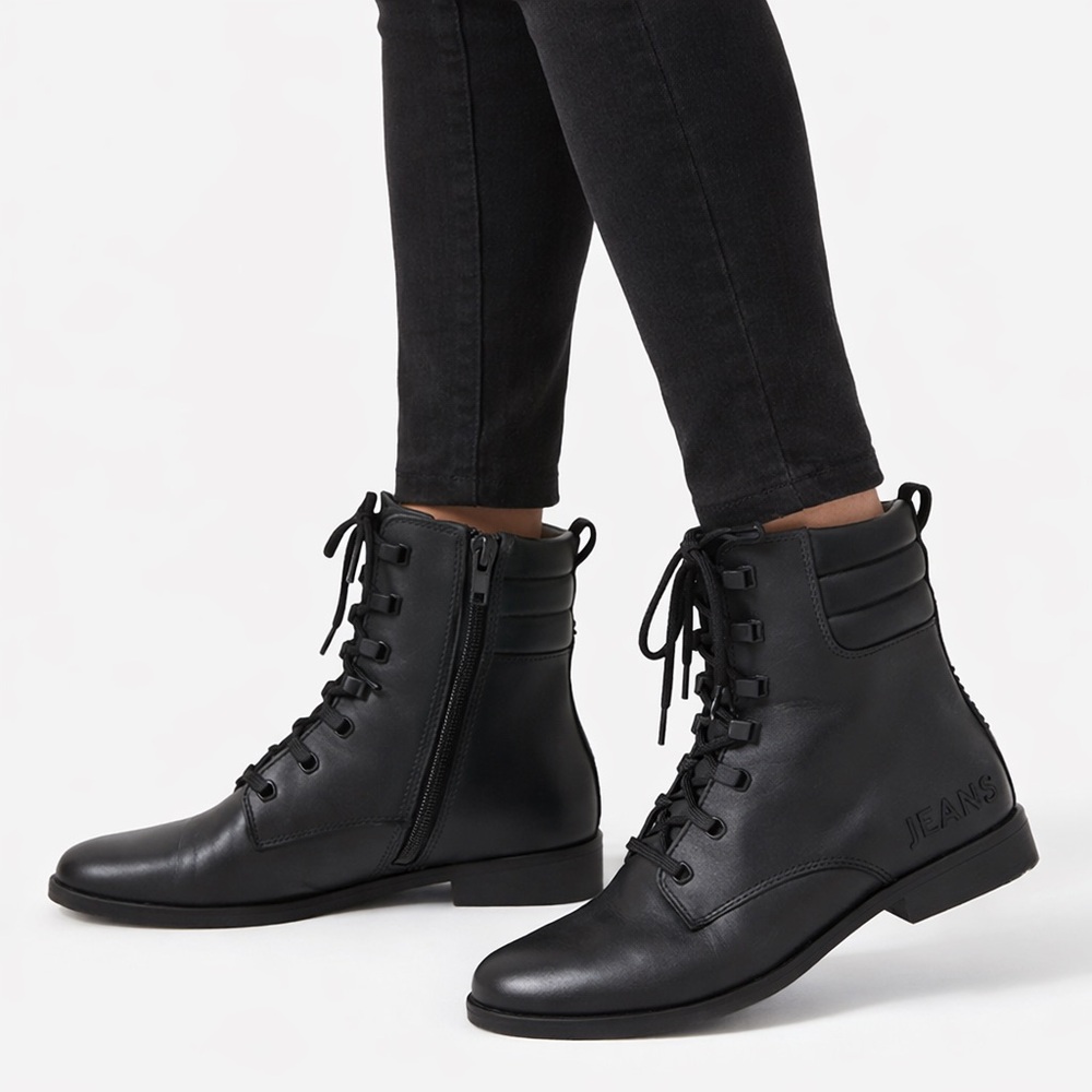 Tommy Hilfiger Pin Logo Lace Up Boot Black Leather Side Zip Combat Boots